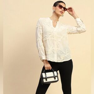 ZARA 100% COTTON ECRU SLOT COLLAR FLORAL SHIRT EMBROIDERED BLOUSE SIZE L